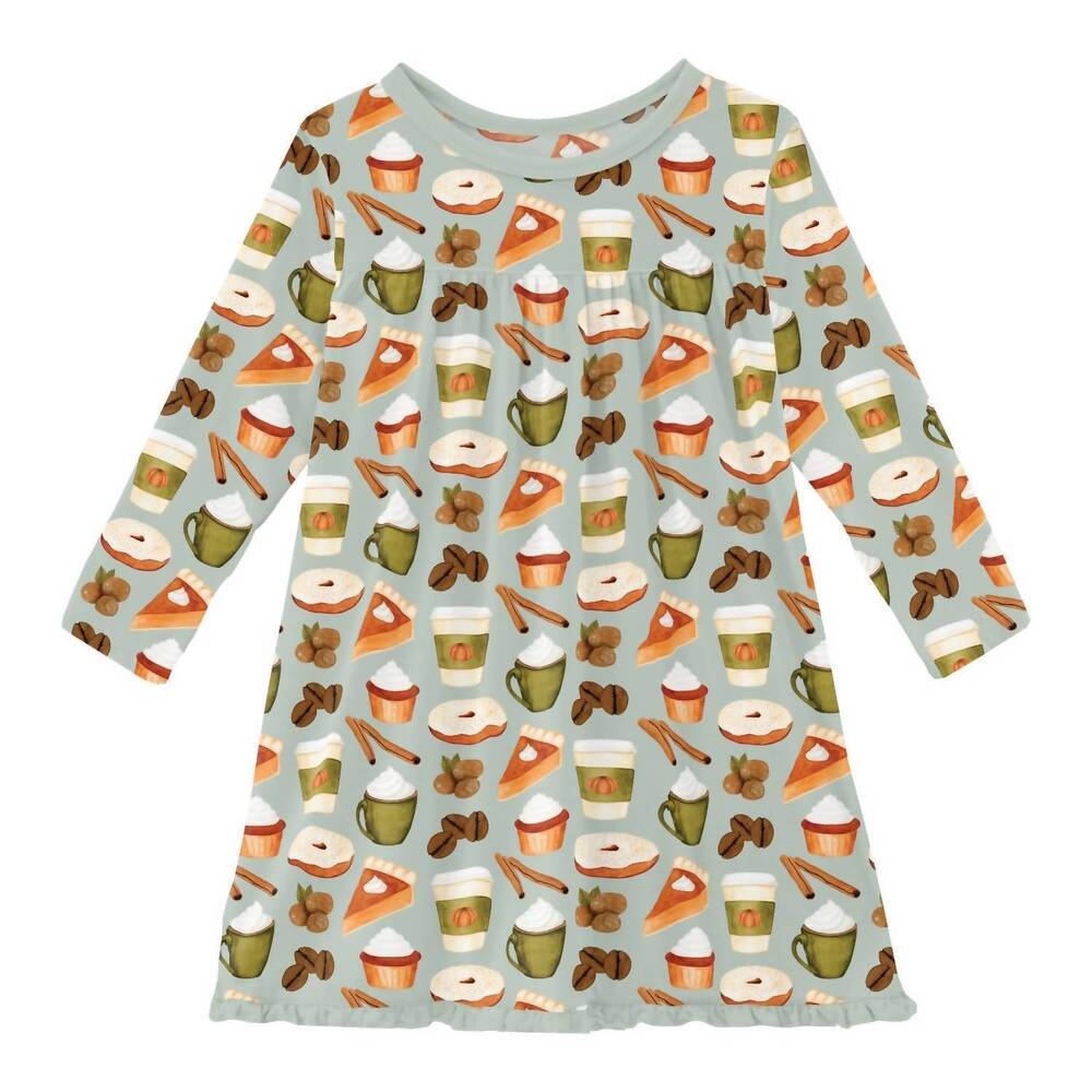 NEW KICKEE girl's long sleeve swing dress in aloe pumpkin spice